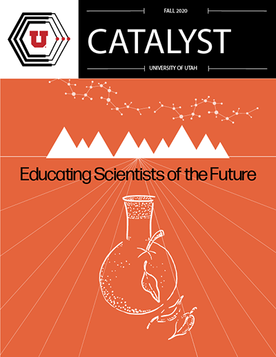 an orange page with a drawing of a beaker and text: "Educating Scientists of the Future"